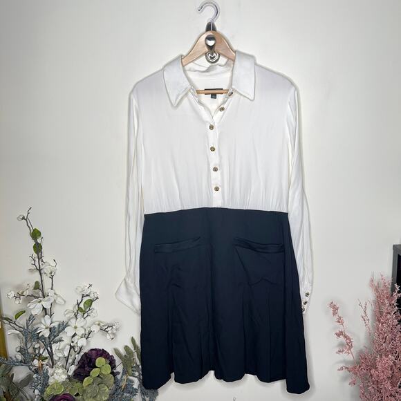 J. CREW Button Front Crepe Shirt Dress Ivory Black {OO18} - Picture 5 of 9